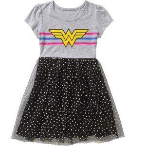 Girls Wonder Woman Dress with tutu skirting Size Lar 10/12 Gray Black Stars NWT